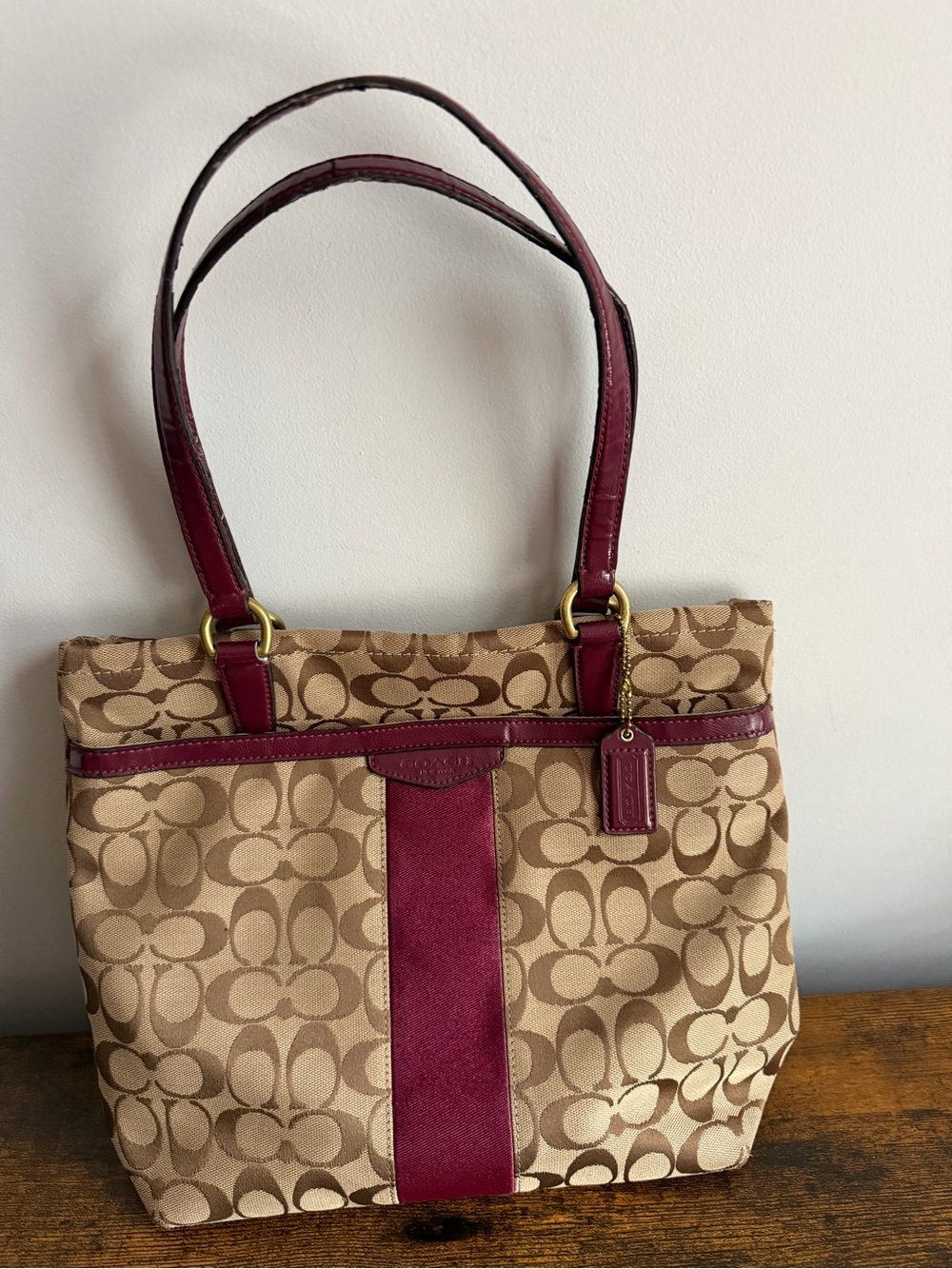 Coach F28504 Signature Stripe Tote Bag Khaki Burgundy Canvas Leather - Picture 6 of 13
